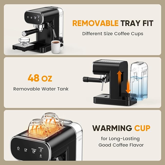 Horavie 20 Bar Espresso Machine with Milk Frother, Home Espresso Coffee Maker with Touchscreen, Fast Heat-Up Coffee Machine with 48oz Removable Tank for Cappuccino, Latte, Americano, Black