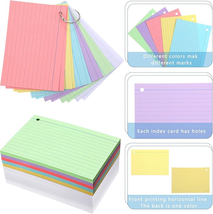 Epakh 300 Pieces Lined Index Cards 180 GSM Thick Flash Cards with Rings Notecards Punched Back to School for Studying Adults Home College Office(4 x 6 Inch,Light Color)