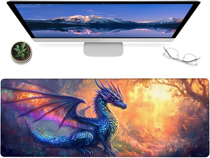 Fantasy Dragon Gaming Mouse Pad – 12x31.5in Large Extended Desk Mat with Enchanting Forest Design – Non-Slip Rubber Mousepad for Office Home – Deskmat Gifts for Animal Lovers Decor