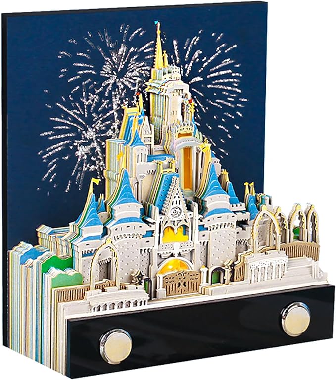 3D Memo Pad Art Sticky Notes, Fantasy Castle 3D Notepad with Light Paper Sculpture Art Multicolor Paper Note with Silhouette DIY Desk Decoration