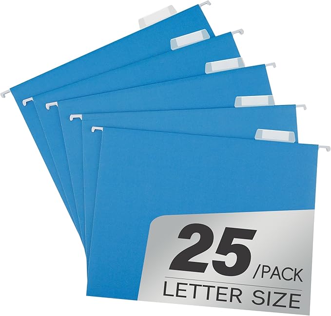 Blue 25 Pack Hanging File Folders,Cabinet Organizer Letter Size 1/5 Cut Adjustable Label Decoration Home Office School Classroom