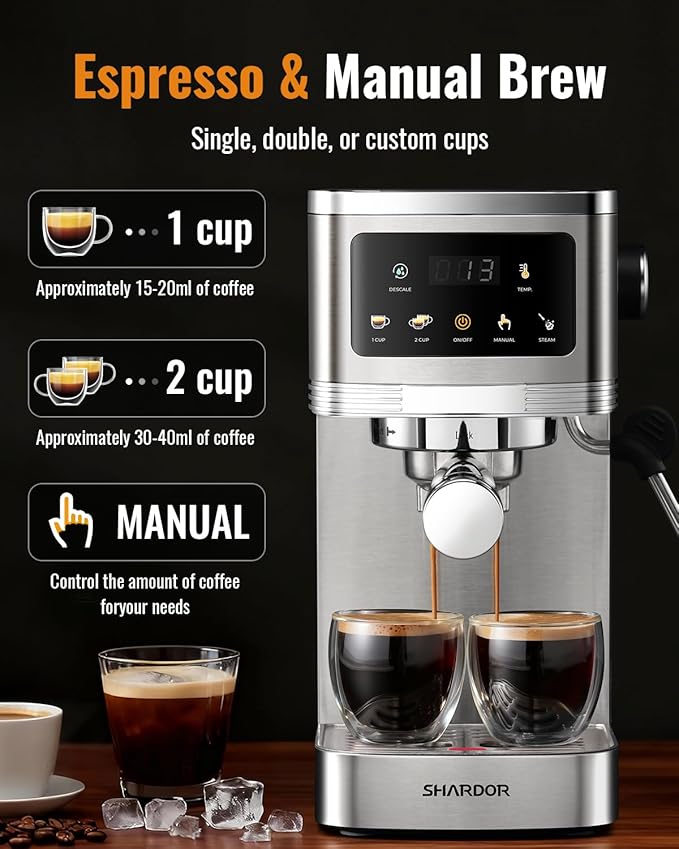 SHARDOR Espresso Machine 20 Bar, Professional Espresso Machine with Milk Frother and Touchscreen, Expresso Coffee Machines with Adjustable Temperature,for Cappuccino, Latte, Stainless Steel, Silver