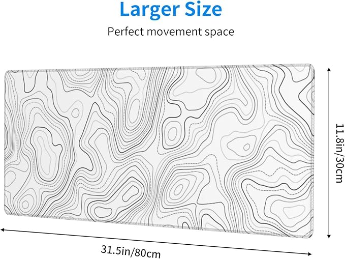 Topographic Map Minimalist Gaming Mouse Pad Desk Mat XL 31.5×11.8 Inch White Lines Contour Geographic Extended Mousepad 30X80cm with Non-Slip Rubber Base Stitched Edge for Gamer Office Home Work