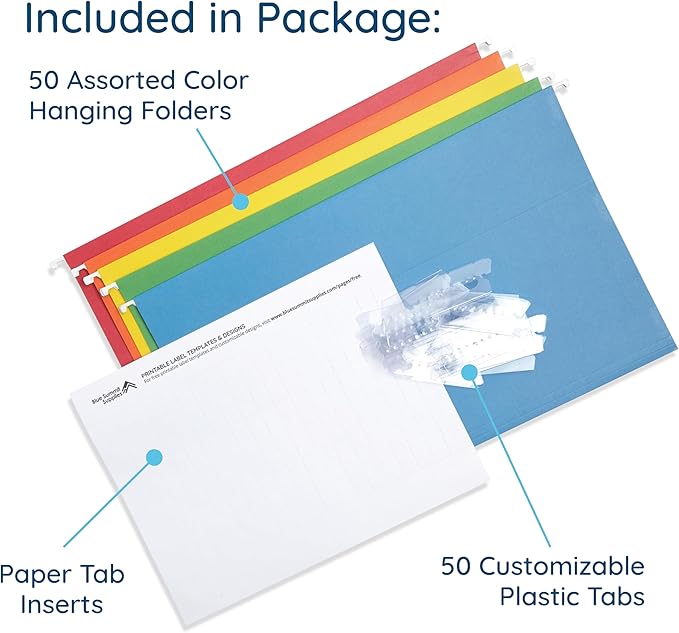 50 Legal Hanging File Folders, 50 Reinforced Hang Folders, Designed for Home and Office Color Coded File Organization, Legal Size, Assorted Colors, 50 Pack