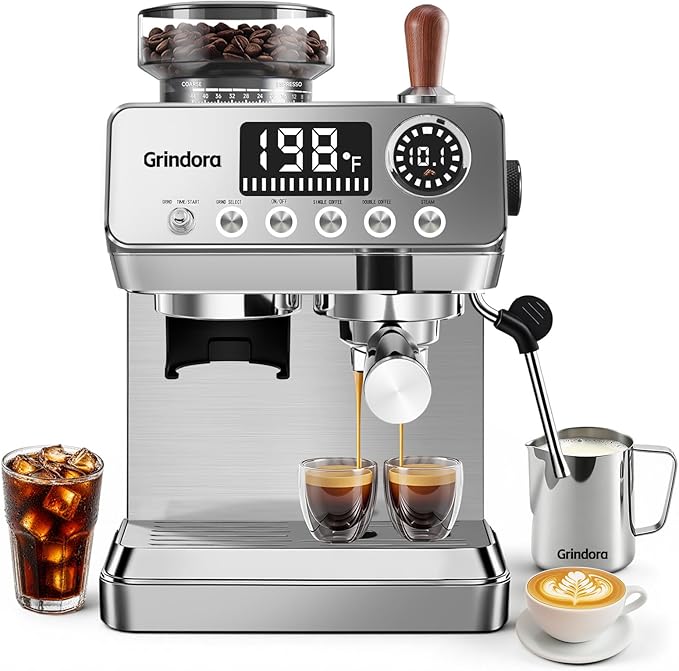 Espresso Machine with Grinder, 20 Bar Stainless Steel Espresso Coffee Machine, 44 Grind Settings, 0.1s Precision Timer, PID Control, Milk Frother for Latte, Cappuccino, Americano & Cold Brew
