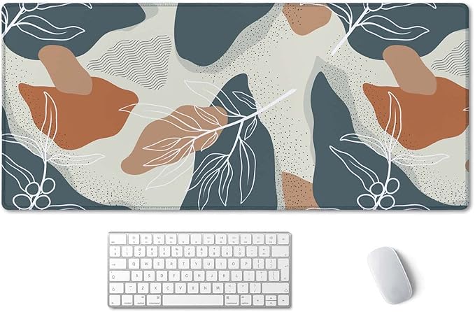 SSOIU Extended Gaming Mouse Pad (35.5x15.7 in), Large Stable Rubber Base Mousepad with Stitched Edges, Keyboard Mouse Mat Desk Pad for Work, Game, Office, Home - Abstract Flowers and Leave
