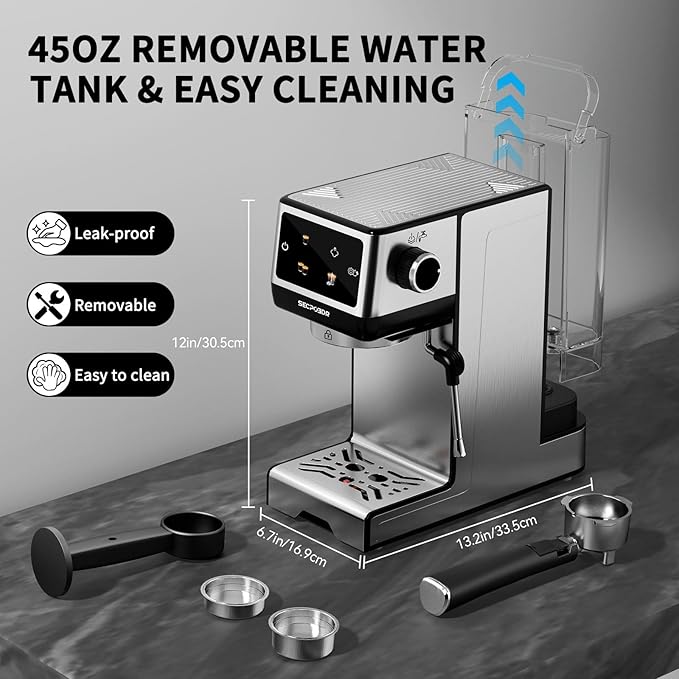 20Bar Espresso Machine with Milk Frother Cold Brew, Expresso Coffee Machine for Home, Compact Espresso Machines Small Kitchens, Cappuccino Latte Maker, 45oz Removable Water Tank, Touchscreen, Silver