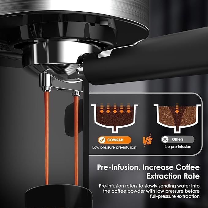 COWSAR Commercial-Grade Espresso Machine, 20Bar High Pressure Compact Coffee Maker with Milk Frother Steam Wand. Equipped with 45oz Detachable Water Tank, Ideal for Brewing Cappuccino