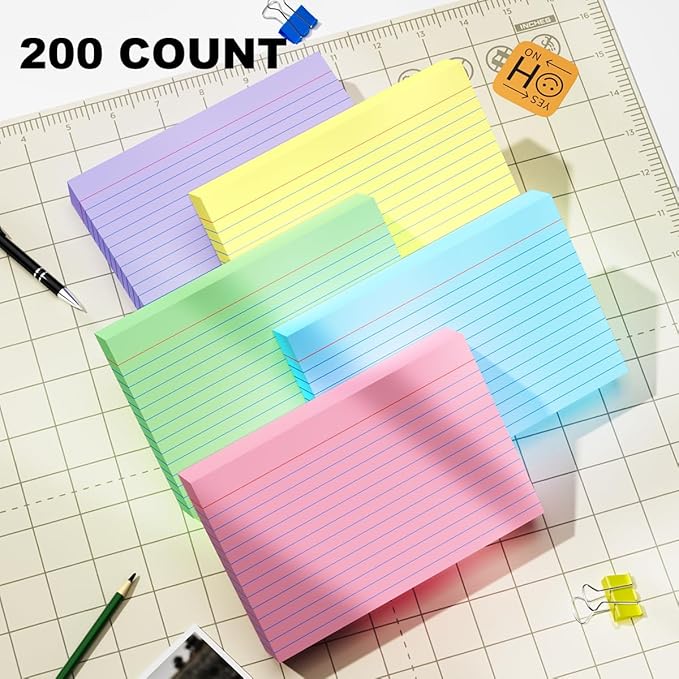 4x6 Index Cards, 200 Count Note Cards 4x6 Ruled Flashcards for Studying, Colored Notecards 4 x 6 Index Card Single-Side Lined Flash Cards for Studying School Office Home, 5 Colors, 5 Pack of 40 Sheets