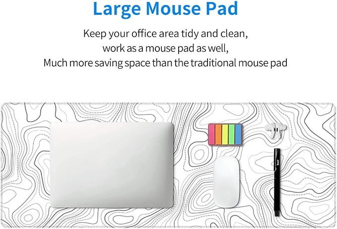 Topographic Map Minimalist Gaming Mouse Pad Desk Mat XL 31.5×11.8 Inch White Lines Contour Geographic Extended Mousepad 30X80cm with Non-Slip Rubber Base Stitched Edge for Gamer Office Home Work