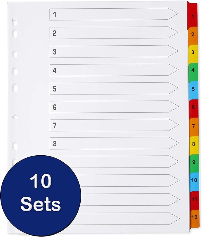 [10 Pack] Binder Dividers with Tabs A4 Extra Wide Numbered 1-12 Tabs | Dividers for 3 Ring Binder | for Organization Pages in 3 Ring Binder Dividers with tabs - The Paper Shop
