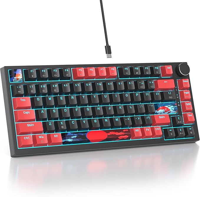 75% TKL Wired Mechanical Keyboard,RGB Backlit Gasket Mount 82 Key Hot Swappable Custom Linear Red Switch Gaming Keyboard with Volume Knob & PBT Keycaps (82 Black)