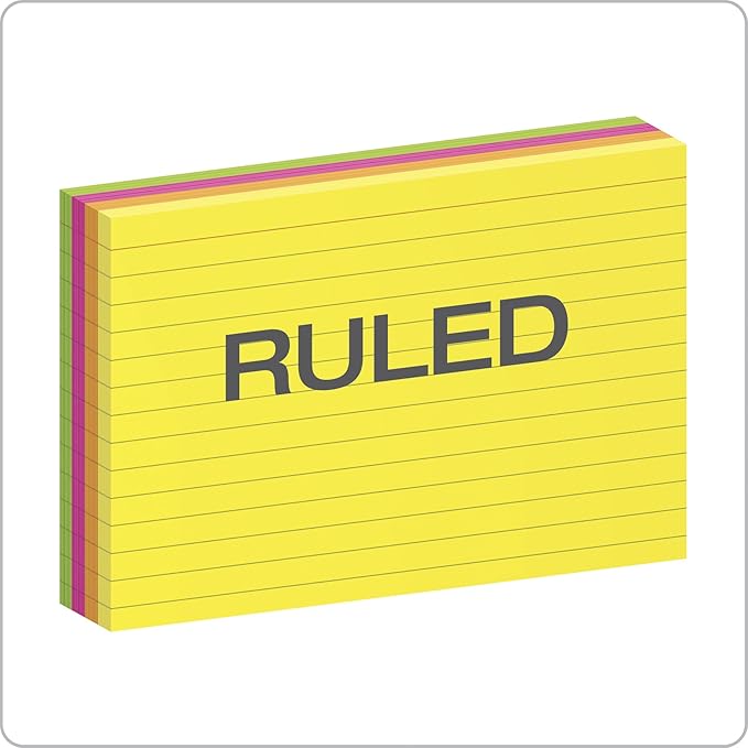 Oxford Neon Index Cards, 4" x 6", Ruled, Assorted Colors, 100 Per Pack (99755EE)