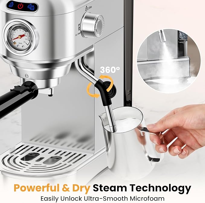 Espresso Machine 20 Bar, Compact Espresso Coffee Machine with Milk Frother, Stainless Steel Coffee Maker with 34oz Removable Water Tank, Cappuccino Machine for Home, Office, Fathers Day Dad Gifts