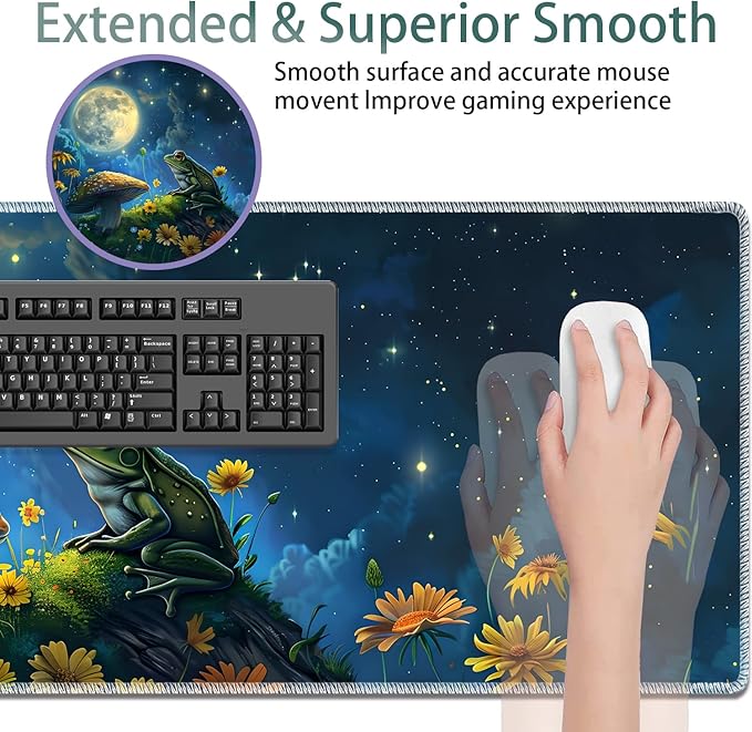 Large Gaming Mouse Pad Non-Slip Keyboard Pad Soft Extended Desk Mat Desktop Writing Pad (31.5"×11.8") Combined with Coasters, Home and Office Desktop Decor, Frog Mushroom