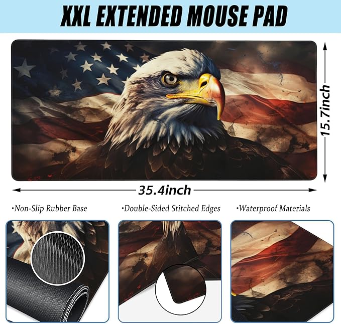 Desk Mat,American Bald Eagle Large Gaming Mouse Pad for Desk XXL,USA Flag Eagle Desk Pad,Extended Big Computer Keyboard Mouse Pad with Non-Slip Base and Stitched Edge 35.4"x15.7"