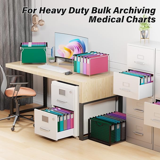 Ansook Plastic Extra Capacity Legal Hanging File Folders,Heavy Duty 2" Expansion Hanging Folder with 1/5 Tabs,12 Pack Filing Cabinet Folders,Accordion File Folders,Color File Organizer for Office