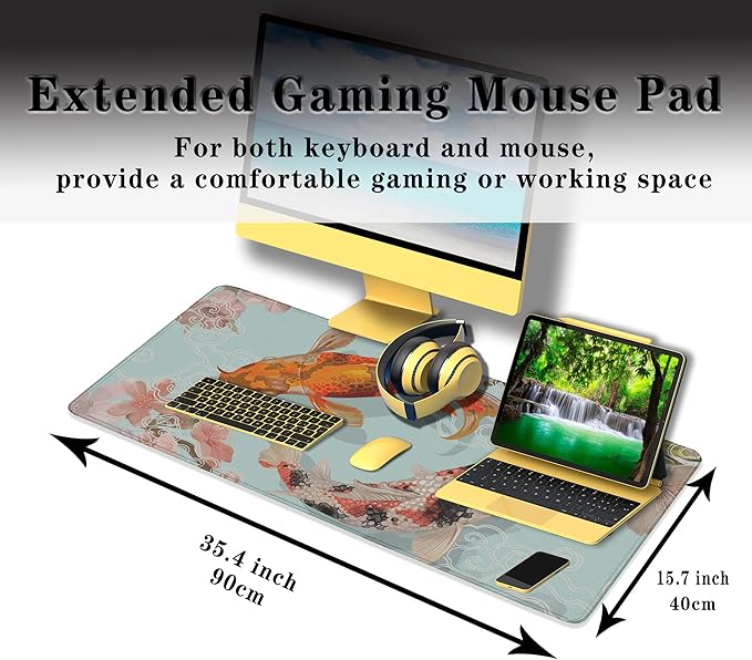 XXL Mouse Pad, Gaming Mousepads Desktop Mats, Extra Large Desk Pad Non-Slip Rubber Base Waterproof with Stitched Edges, 35.4 X 15.7 inch for Work/Game/Office/Home Japanese Traditional Fish