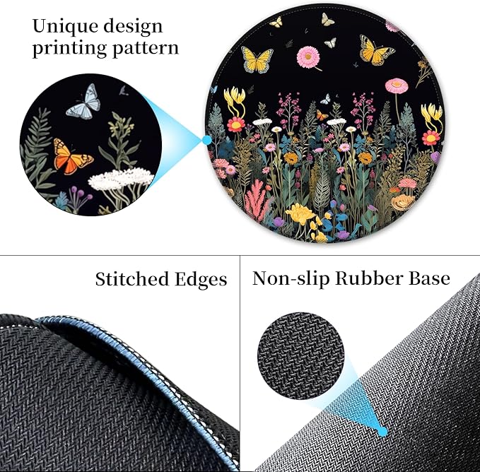 Butterfly Floral Mouse Pad for Desk, Flowers Plants Small Cute Mousepad with Non-Slip Base, Round Mouse Pads for Wireless Mouse Laptop, Computer Mouse Mat for Home Office Desk Accessories