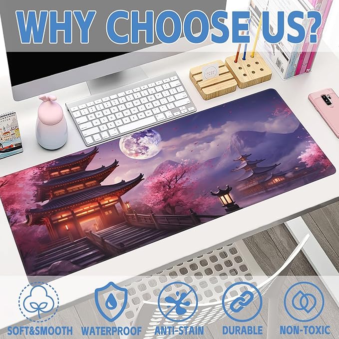 Desk Mat,Pagoda with Cherry Blossoms Large Gaming Mouse Pad for Desk XL,Moon Cherry Blossoms Desk Pad,Extended Big Computer Keyboard Mouse Pad with Non-Slip Base Stitched Edges 31.5"x11.8"