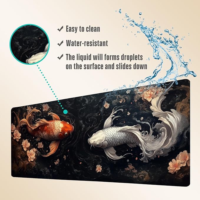 Extended Gaming Mouse Pad, Large Mouse Mat 3 mm Nature Rubber Base Mousepad with Stitched Edges, Non-Slip Desk Mat for Office Home Great Gift 31.5x11.8 Inch (Koi Fish 1)