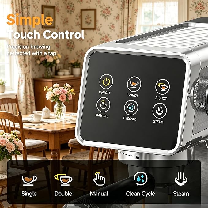 AMZCHEF Espresso Machine 20 Bar, Easy-to-Use Compact Coffee Maker with LED Touchscreen, Self-Cleaning & Milk Frother, Perfect Coffee Starter for Beginners, Lattes and Cappuccinos Machine