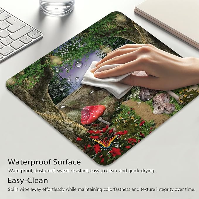 Mushroom Anti-Slip Gaming & Office Mouse Pad with Stitched Edges 9.5 x 7.9 Inch, Enchanted Nature Pathway Butterflies Landscape Rocks Durable Smooth Surface Desk Mat