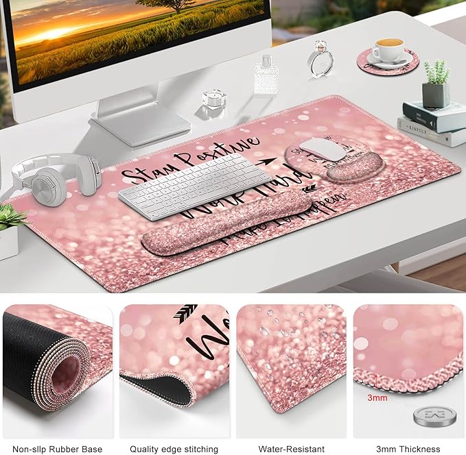 ToLuLu Desk Mat, XXL Large Mouse Pad Wrist Support Set，4 in1 Gaming Mousepad Desk Pad+ Ergonomic Mouse Pad with Wrist Rest + Keyboard Wrist Rest+Coaster for Women Home Office Table, Pink Stay Positive