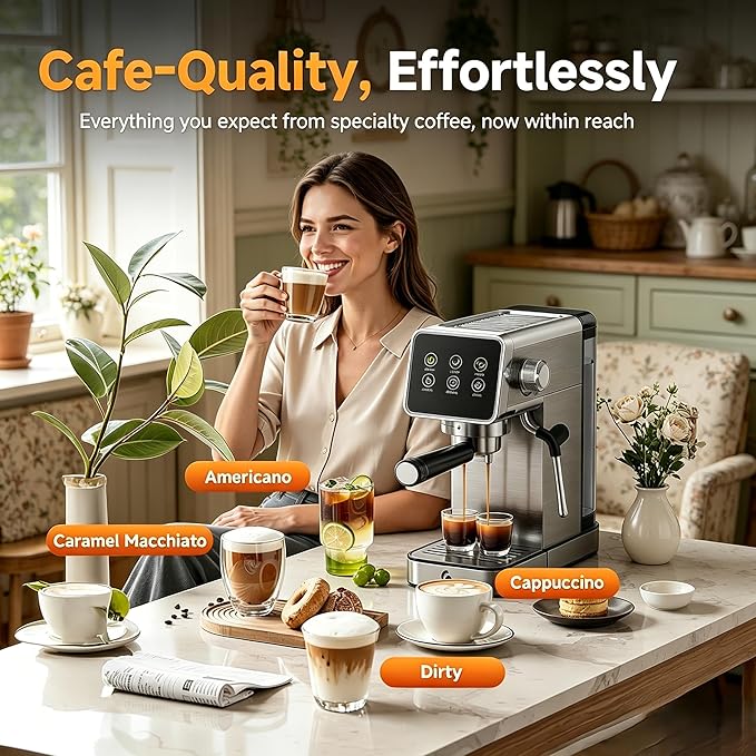 AMZCHEF Espresso Machine 20 Bar, Easy-to-Use Compact Coffee Maker with LED Touchscreen, Self-Cleaning & Milk Frother, Perfect Coffee Starter for Beginners, Lattes and Cappuccinos Machine