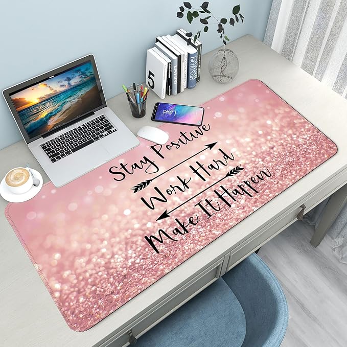 Desk Mat,Large Mouse Pad 35''×15.6'' XXL Extended Gaming Mouse Pad Mat with Non-Slip Base Stitched Eges Mousepad for Computer,Office,Keyboard and Laptop - Pink Stay Positive