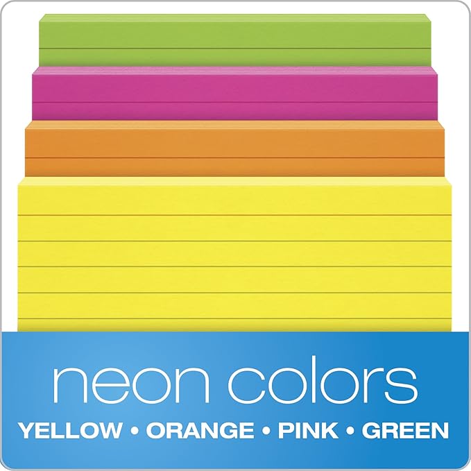 Oxford Neon Index Cards, 4" x 6", Ruled, Assorted Colors, 100 Per Pack (99755EE)