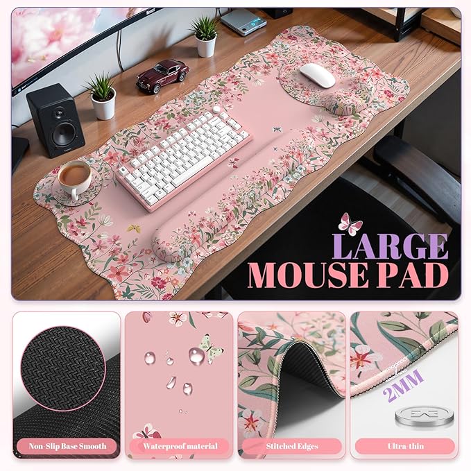 iCasso Desk Mat Set,Large Mouse Pad with Wrist Rest,Ergonomic Keyboard Wrist Support for Women,Girly Floral Computer Mat with Scalloped Edges,Non-Slip Desk Pad Home Office Gaming (Pink)