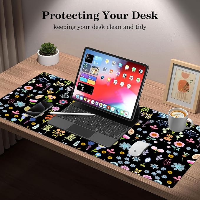 Flower Pad Protector, Floral Stitched Edges Mouse Pad, Large Office Mat, Non-Slip Desk Blotter, Laptop Desk Pad, Writing Pad for Office and Home (31.5" x 15.7")