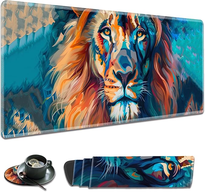 Large Gaming Mouse Pad Non-Slip Keyboard Pad Soft Extended Desk Mat Desktop Writing Pad (31.5"×11.8") Combined with Coasters, Home and Office Desktop Decor, Painted Lion