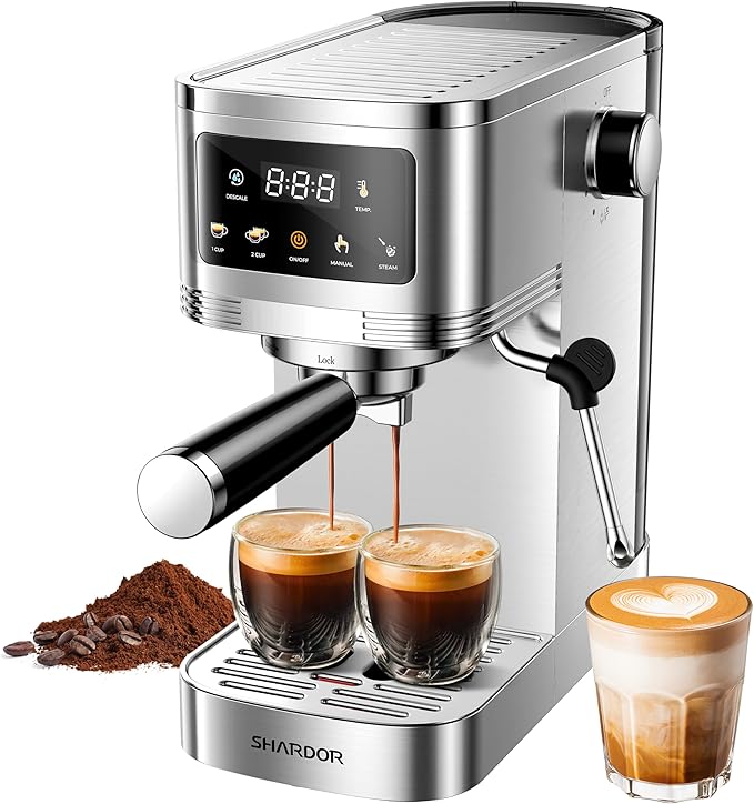 SHARDOR Espresso Machine 20 Bar, Professional Espresso Machine with Milk Frother and Touchscreen, Expresso Coffee Machines with Adjustable Temperature,for Cappuccino, Latte, Stainless Steel, Silver