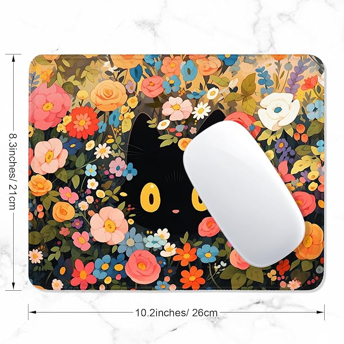 ITNRSIIET Mouse Pad with Stitched Edge Premium Textured Smooth Precise Operation Waterproof Washable Non-Slip Rubber Base Desktop Protection Mat, 10.2×8.3×0.12 inches, Flower Cat