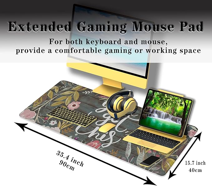 Computer Mats Floral Work Desk Mat Gaming Mouse Pad Large Mousepads Table Extender Waterproof Non-Slip Rubber Base 35.4 X 15.7 for Game Office, Motivation Quote You Got This