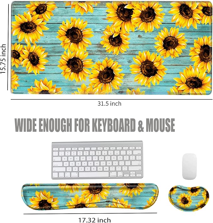 Gaming Mouse Pad Sunflower Desk Mat Large Mousepad and Keyborad Wrist Support Computer Mat for Wrist Rest XXL Desk Pad 3 in 1 Mouse Mat Non-Slip Rubber Base