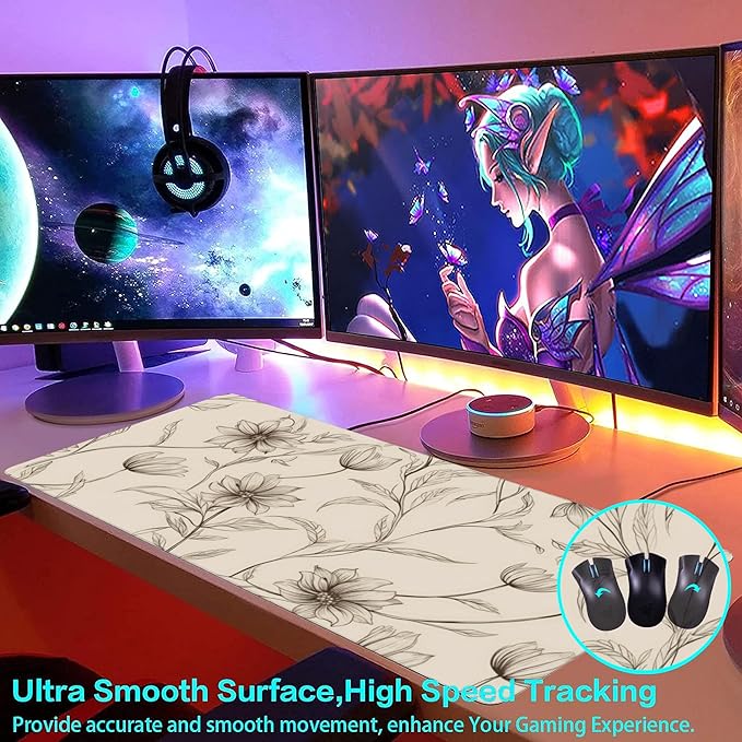 XXL Mouse Pad,Minimalist Flowers Large Gaming Mouse Pad,Abstract line Floral Desk Mat for Desktop,Extended Big Computer Keyboard Desk Pad with Non-Slip Base and Stitched Edges 35.4"x15.7"