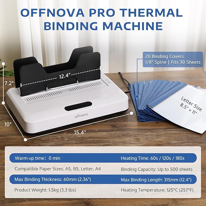 OFFNOVA Thermal Binding Machine 500 Sheets Capacity, No Preheat, Air Cooling, Book Binder Machine with 20 Binding Covers, for A4/A5/Letter Size Business Documents, Office and Homeschool Projects