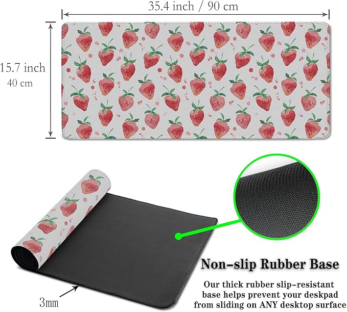 XXL Keyboard Pad Red Mouse Mat, Gaming Mouse Pads Big Mouse Pad, Modern Desk Pad Waterproof Non-Slip Rubber Base, 35.4 X 15.7 inch for Work/Game/Office/Home Summer Fruits Strawberry Leaves