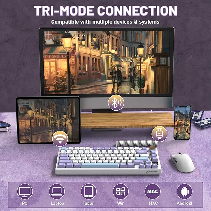 A.JAZZ Attack Shark X820Ultra 75% Wireless Mechanical Gaming Keyboard and Coiled Cable Hot Swappable 2.4GHz/Bluetooth/Wired Keyboard with Screen & Knob RGB Backlit Gasket Mount Gift Switch-Starwhite