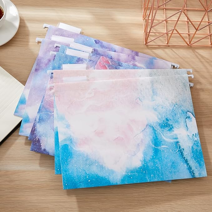 Y YOMA 18 Pack Decorative Hanging File Folders Letter Size Marble Cute Hanging Folder Pretty File Folder Organizer for Filing Cabinet Office Home with 1/5-Cut Adjustable Tabs, 3 Pink Nebula Design
