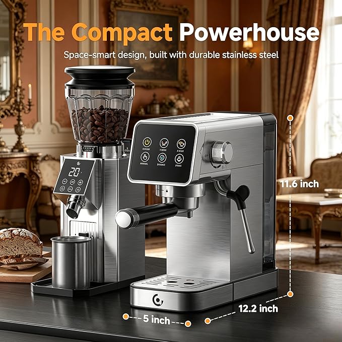 AMZCHEF Espresso Machine 20 Bar, Easy-to-Use Compact Coffee Maker with LED Touchscreen, Self-Cleaning & Milk Frother, Perfect Coffee Starter for Beginners, Lattes and Cappuccinos Machine