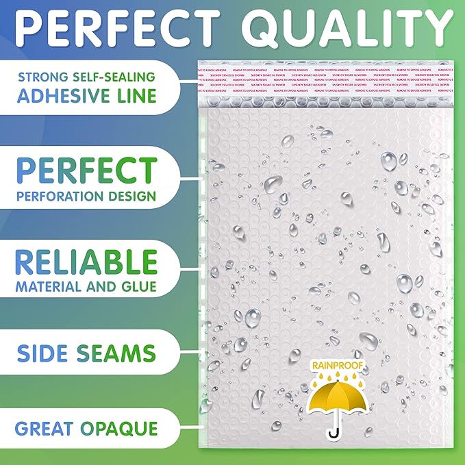 White Poly Bubble Mailers 7.25 x 11 Inch. Pack of 400 Padded Envelopes Waterproof. Self Seal Padded Mailers with Durable Seams. Lightweight Padded Shipping Envelopes for Mailing Fragile Things