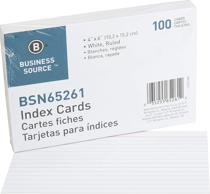 Business Source Index Cards, Ruled, 72 lb., 4"x6", 100/ Pack, White (65261)