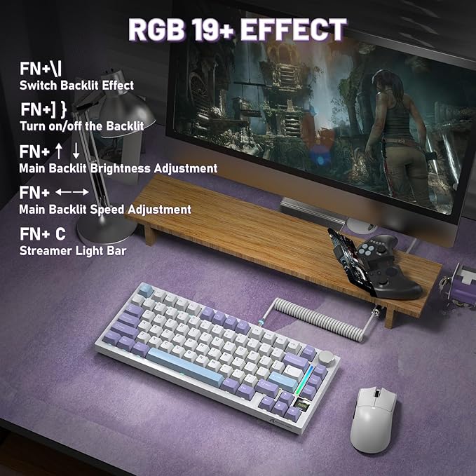 A.JAZZ Attack Shark X820Ultra 75% Wireless Mechanical Gaming Keyboard and Coiled Cable Hot Swappable 2.4GHz/Bluetooth/Wired Keyboard with Screen & Knob RGB Backlit Gasket Mount Gift Switch-Starwhite