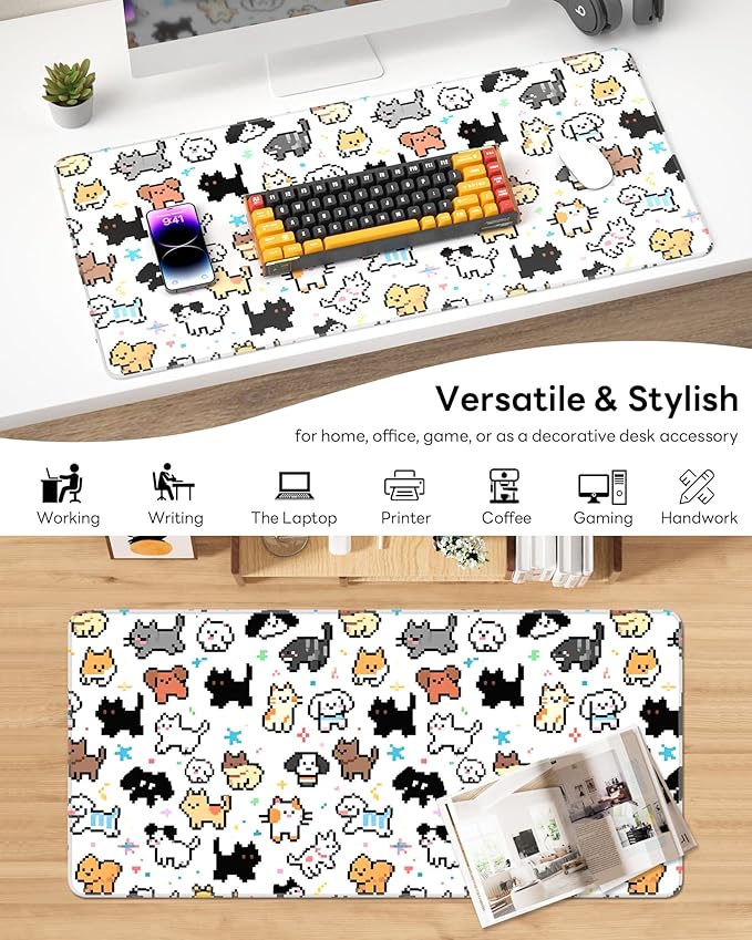 XL Gaming Mouse Pad, 31.5x15.7'' Large Desk Mat with Anti-Slip Rubber Base & Stitched Edges for Gaming, Office, Home - Cute Animals