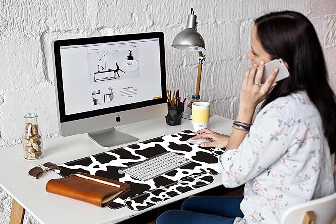 Cow Print Desk Pad Mat Large Mouse Pad and Keyboard Wrist Rest Set 3 in 1 Desk Protector Mat XXL Keyboard Pad with Wrist Support for Desktop Cover Home Work Office Computer