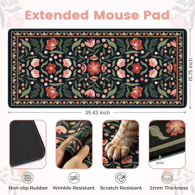 iLeadon Cute Desk Cover Mat, Extended Floral Stitched Edges Desk Pad for Keyboard and Mouse, Soft Large Gaming Mouse Pad, Non Slip Desks Blotter Mat for Office Home (Black)